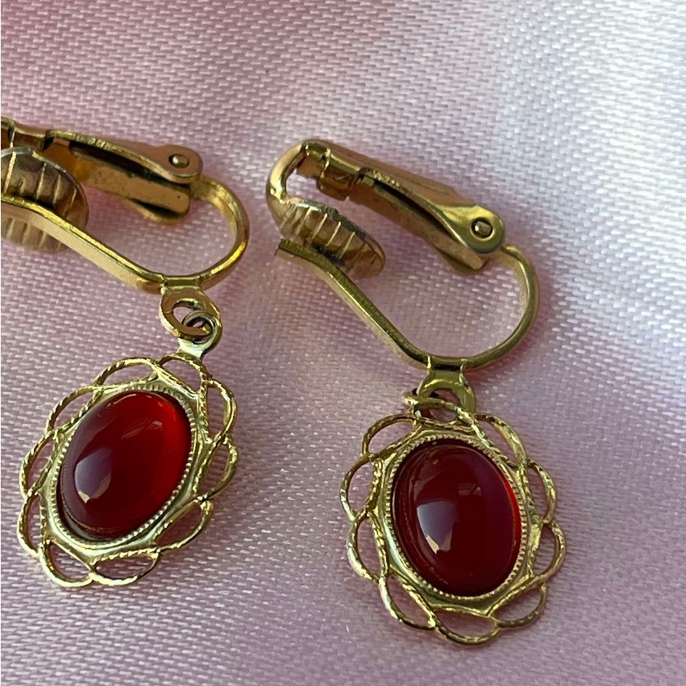 Gold-Tone Clip-On Earrings with Red Oval Stones - Unbranded